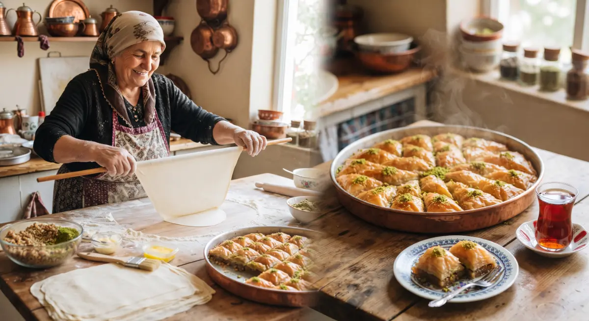 Geleneksel Türk mutfağında neşeli yaşlı bir kadın, başörtüsü ve önlüğüyle, ahşap tezgahta oklava kullanarak ince baklava yufkası açıyor. Masada fıstık, ceviz, eritilmiş tereyağı ve hamur yığınları görülüyor. Sağ tarafta, dumanı tüten taze pişmiş, şerbetli ve antep fıstığı serpilmiş baklavalar bakır tepside duruyor. Yanında iki dilim baklava servis tabağında ve bir bardak demli Türk çayı bulunuyor. Samimi ve otantik bir mutfak ortamı.
