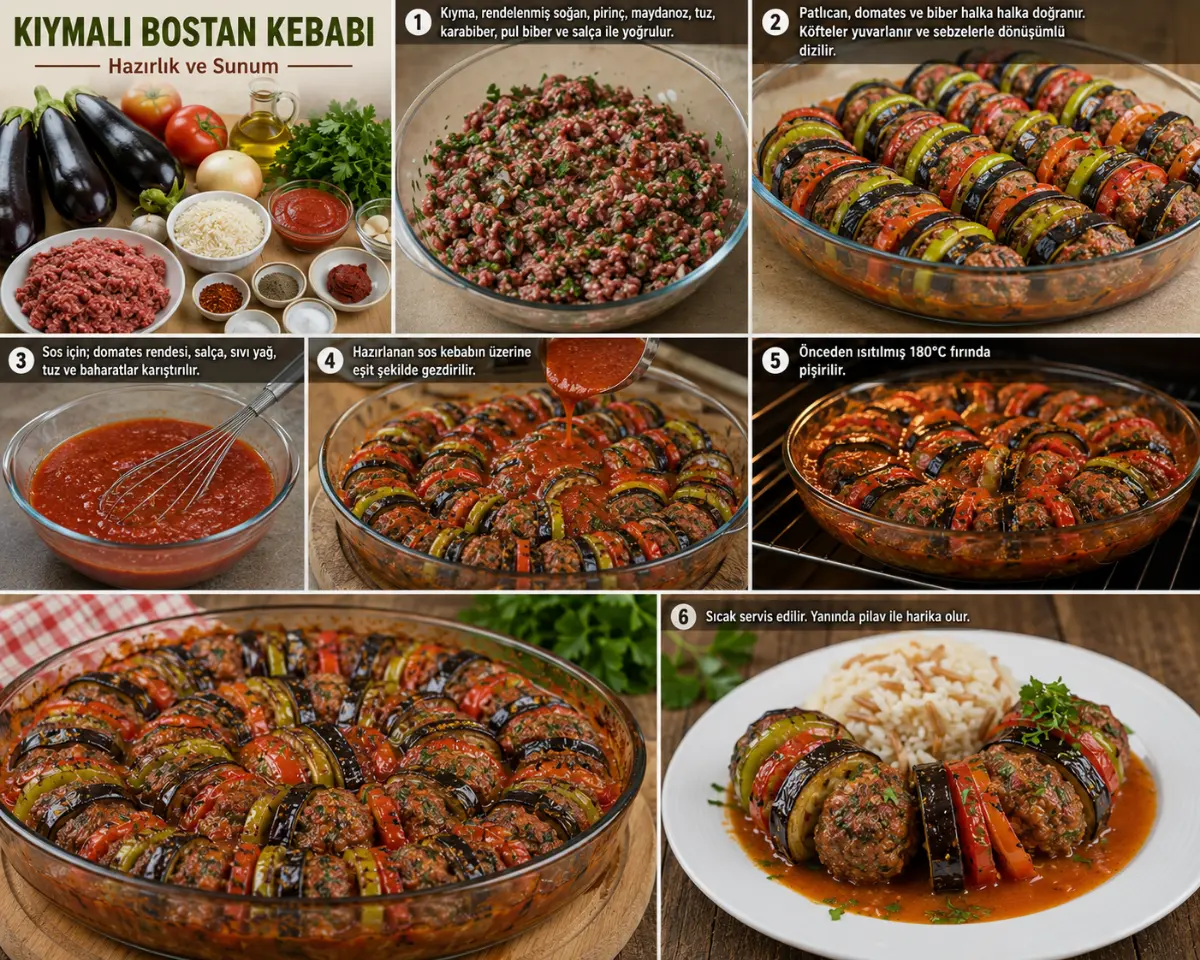 Kıymalı bostan kebabının yapımını adım adım gösteren, altı bölümlü detaylı bir resim kolajı. Sol üstte 'KIYMALI BOSTAN KEBABI Hazırlık ve Sunum' başlığı altında patlıcan, domates, soğan, sarımsak, zeytinyağı, kıyma, pirinç, salça ve çeşitli baharatlar gibi ana malzemeler düzenli bir şekilde sergileniyor. Diğer adımlarda ise kıyma harcının hazırlanışı, patlıcan, domates ve yeşil biber dilimleriyle köftelerin cam bir fırın kabına dairesel olarak estetik bir şekilde dizilişi, üzerine taze domates sosunun bolca gezdirilmesi, fırında nar gibi kızarmış pişmiş hali ve son olarak, beyaz bir tabağın üzerinde pilav eşliğinde sunulan, iştah açıcı, maydanozla süslenmiş final tabağı görünmektedir. Görsel, parlak renkleri ve profesyonel sunumuyla yemeğin her aşamasını net ve çekici bir şekilde ortaya koyuyor.