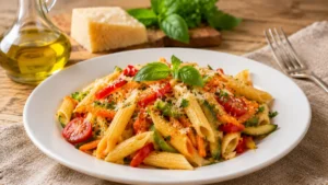 Beyaz porselen tabakta renkli sebzelerle hazırlanmış pratik penne makarna.