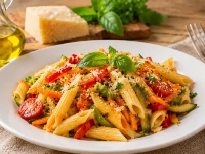 Beyaz porselen tabakta renkli sebzelerle hazırlanmış pratik penne makarna.