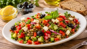 Yeşil mercimek, taze sebzeler ve zeytinyağlı limon sosuyla hazırlanmış Akdeniz usulü mercimekli sebze salatası.