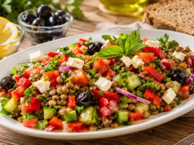 Yeşil mercimek, taze sebzeler ve zeytinyağlı limon sosuyla hazırlanmış Akdeniz usulü mercimekli sebze salatası.