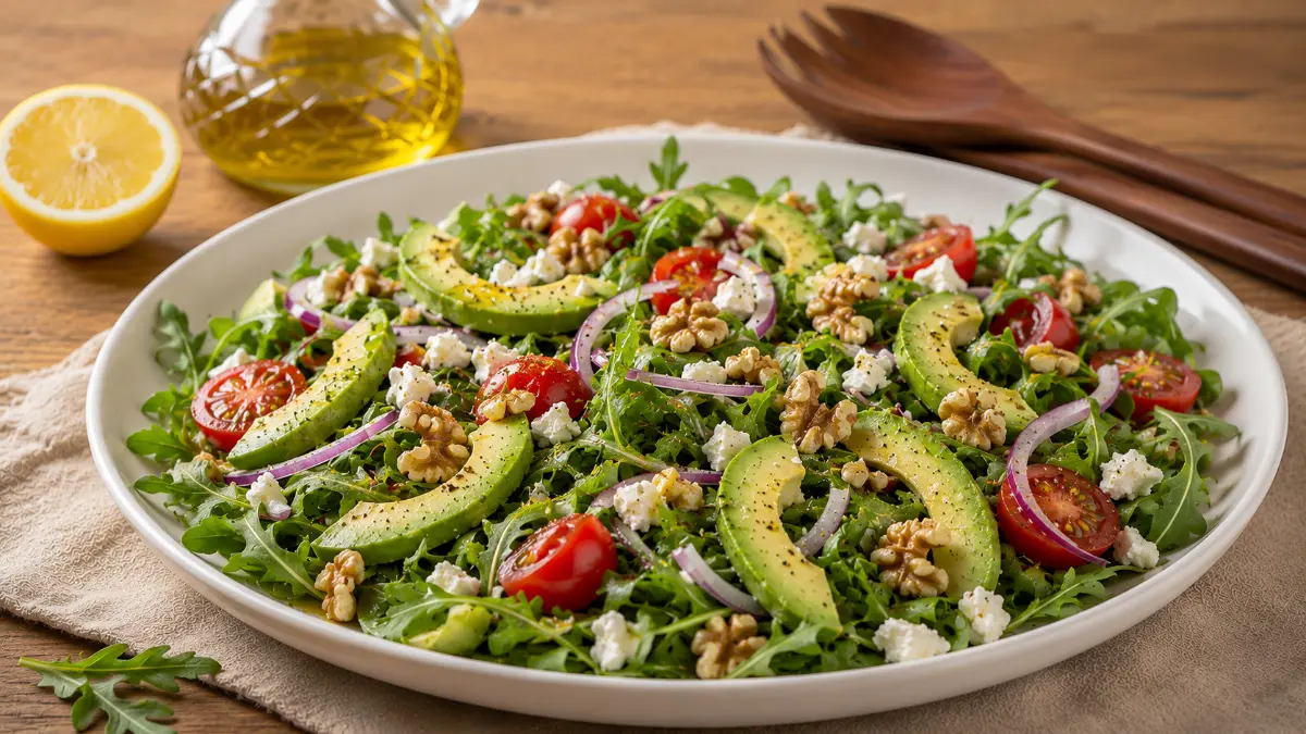 Beyaz seramik servis tabağında sunulan avokadolu roka salatası, cherry domates, ceviz ve beyaz peynir ile hazırlanmış.