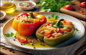 Tabakta pirinç ve sebze dolgulu iki adet yeşil renkli dolmalık biber.