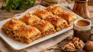 İncecik katları, ceviz içi ve altın rengindeki çıtır yüzeyiyle geleneksel cevizli ev baklavası.
