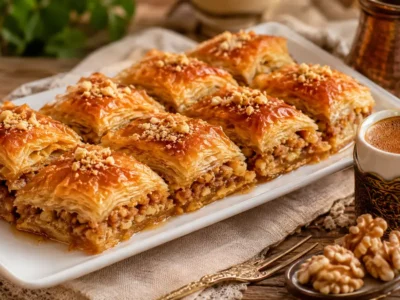 İncecik katları, ceviz içi ve altın rengindeki çıtır yüzeyiyle geleneksel cevizli ev baklavası.