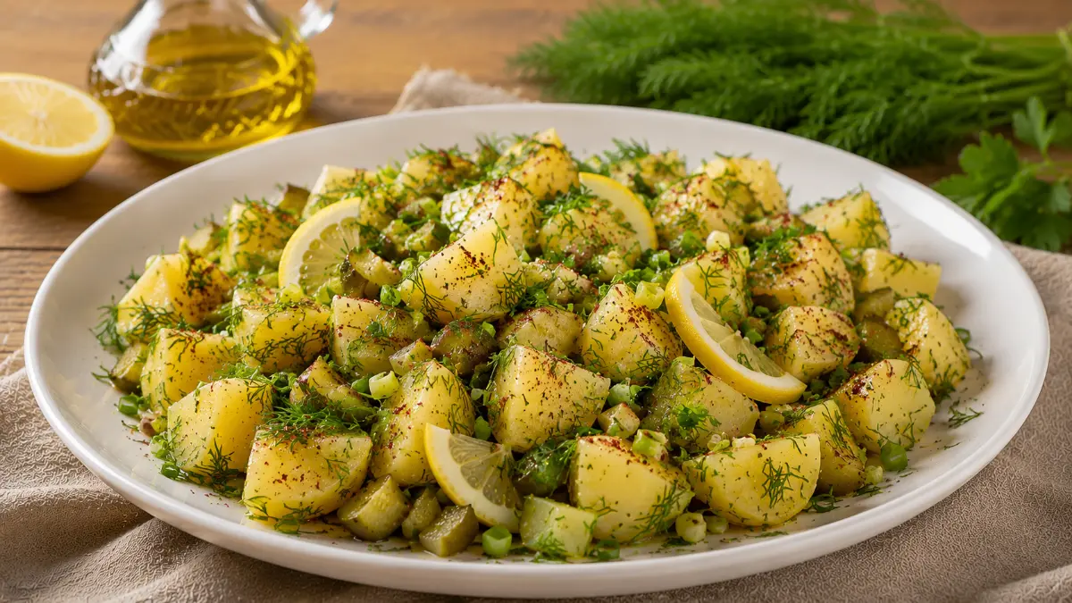 Beyaz seramik servis tabağında sunulmuş dereotlu patates salatası, taze dereotu, yeşil soğan ve limon dilimleriyle süslenmiş.