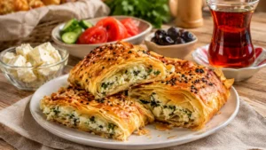 İncecik katları ve peynirli iç harcıyla altın renginde kızarmış el açması peynirli kol böreği.