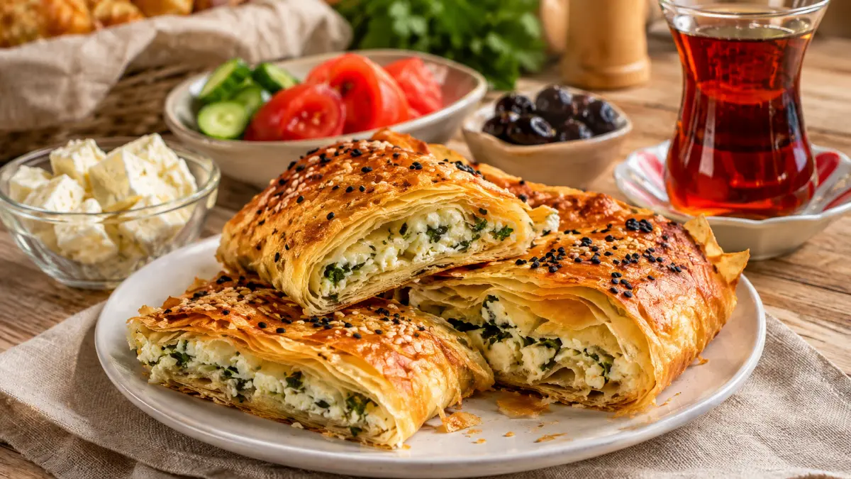 İncecik katları ve peynirli iç harcıyla altın renginde kızarmış el açması peynirli kol böreği.