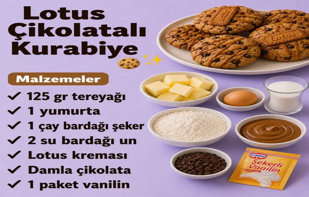 Mor zeminde Lotus kurabiye tarifi ve malzemeleri görseli.