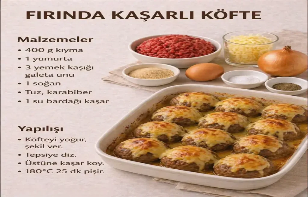 Fırında kaşarlı köfte tabağı ve malzemeleri ile yemek tarifi görseli.