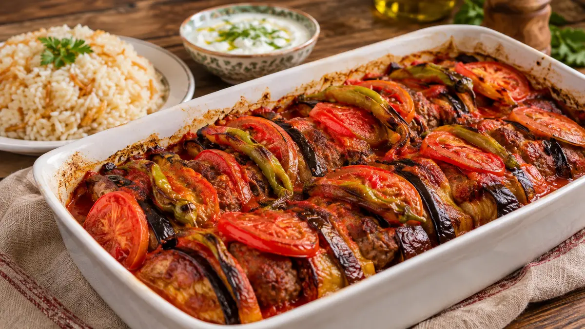 Fırın kabında domates soslu patlıcan ve köftelerden oluşan nefis köfteli patlıcan dizmesi.