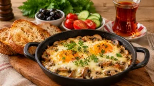 Küçük döküm tavada servis edilen fırında peynirli mantarlı yumurta, yanında kızarmış ekmek ve taze sebzeler.
