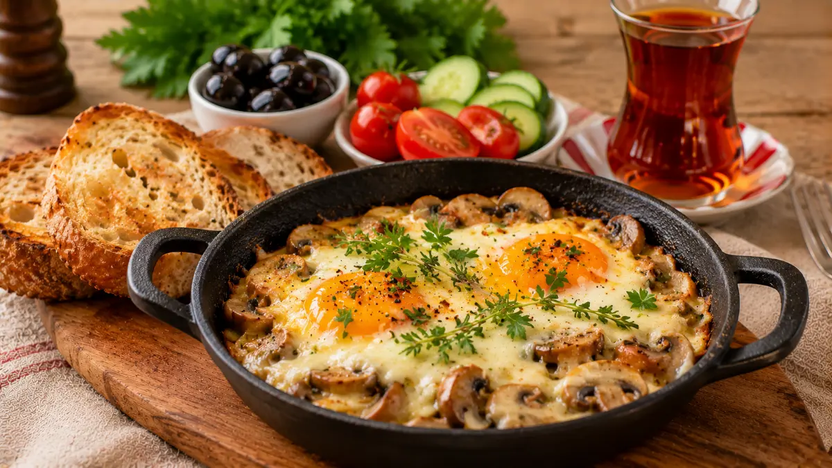 Küçük döküm tavada servis edilen fırında peynirli mantarlı yumurta, yanında kızarmış ekmek ve taze sebzeler.