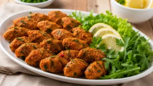 Geniş, beyaz, oval bir tabakta, özenle dizilmiş, parlak kırmızı-turuncu renkte birçok mercimek köftesi görülmektedir.