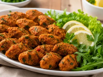 Geniş, beyaz, oval bir tabakta, özenle dizilmiş, parlak kırmızı-turuncu renkte birçok mercimek köftesi görülmektedir.