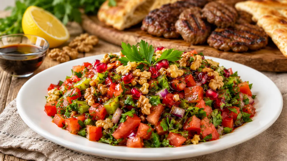 Domates, biber, kuru soğan, maydanoz ve iri cevizlerle hazırlanmış nar ekşili Gavurdağı salatası.