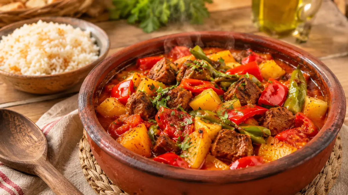 Güveç kabında domates, biber ve patatesle birlikte hazırlanmış, yumuşacık et parçalarından oluşan sebzeli tas kebabı.