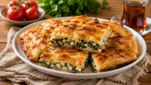 Rustik ahşap bir masa üzerinde, beyaz bir tabakta dilimlenmiş, üzeri nar gibi kızarmış, çıtır çıtır katmanlı ıspanak ve peynir dolgulu börekler.