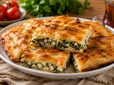 Rustik ahşap bir masa üzerinde, beyaz bir tabakta dilimlenmiş, üzeri nar gibi kızarmış, çıtır çıtır katmanlı ıspanak ve peynir dolgulu börekler.