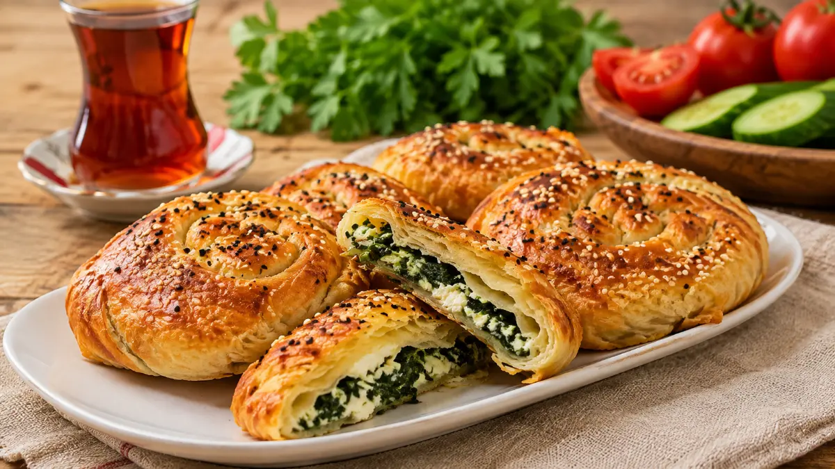 Altın renginde kızarmış ıspanaklı peynirli gül börekleri beyaz seramik tabakta servis edilmiş.