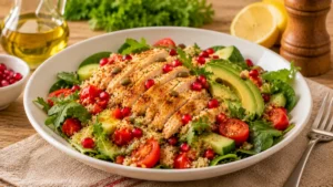 Beyaz geniş salata tabağında ızgara tavuk dilimleri, kinoa ve renkli sebzelerle hazırlanmış sağlıklı salata.