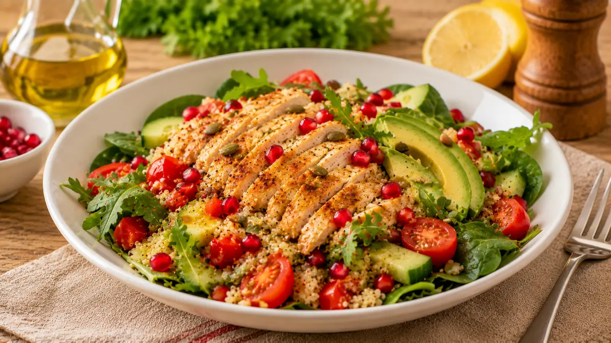 Beyaz geniş salata tabağında ızgara tavuk dilimleri, kinoa ve renkli sebzelerle hazırlanmış sağlıklı salata.