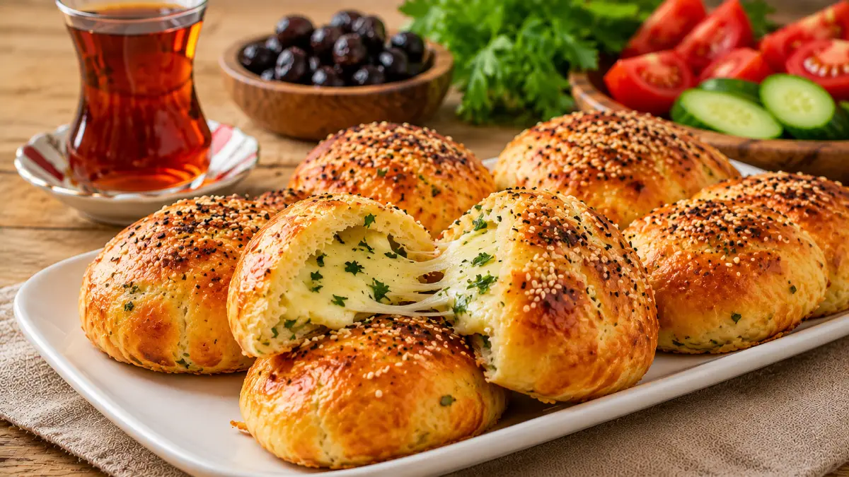 Beyaz seramik servis tabağında sunulmuş altın renginde kızarmış kaşarlı maydanozlu poğaçalar.