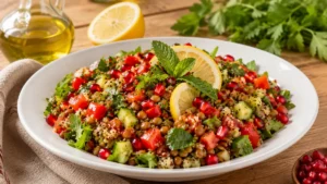 Mat beyaz servis tabağında yeşil mercimek, kinoa, taze sebzeler, roka ve nar taneleriyle hazırlanmış sağlıklı zeytinyağlı salata.