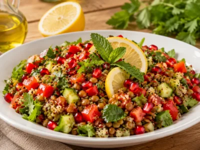 Mat beyaz servis tabağında yeşil mercimek, kinoa, taze sebzeler, roka ve nar taneleriyle hazırlanmış sağlıklı zeytinyağlı salata.