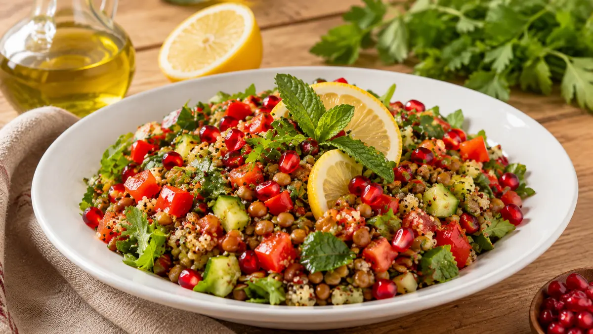 Mat beyaz servis tabağında yeşil mercimek, kinoa, taze sebzeler, roka ve nar taneleriyle hazırlanmış sağlıklı zeytinyağlı salata.