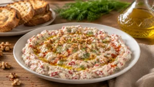 Beyaz seramik meze tabağında servis edilen kırmızı biberli cevizli haydari, üzerinde dereotu, ceviz ve zeytinyağı ile süslenmiş.