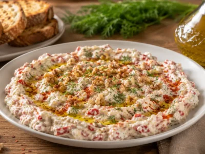 Beyaz seramik meze tabağında servis edilen kırmızı biberli cevizli haydari, üzerinde dereotu, ceviz ve zeytinyağı ile süslenmiş.