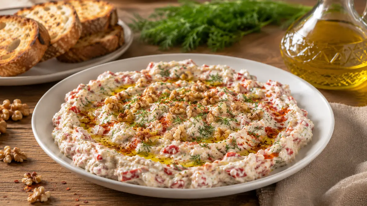 Beyaz seramik meze tabağında servis edilen kırmızı biberli cevizli haydari, üzerinde dereotu, ceviz ve zeytinyağı ile süslenmiş.