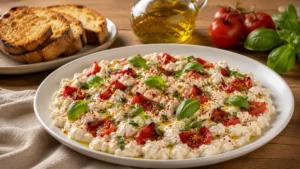 Beyaz seramik tabakta servis edilen köz domatesli lor peynirli meze, taze fesleğen ve zeytinyağı ile süslenmiş.