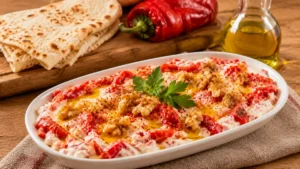 Mat beyaz seramik meze tabağında közlenmiş kırmızı biber, sarımsaklı yoğurt ve cevizle hazırlanmış Türk usulü soğuk meze.