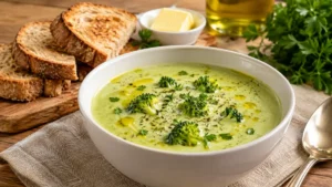Beyaz mat seramik çorba kâsesinde servis edilen kremalı brokoli çorbası, küçük brokoli çiçekleri ve taze çekilmiş karabiber ile süslenmiş.