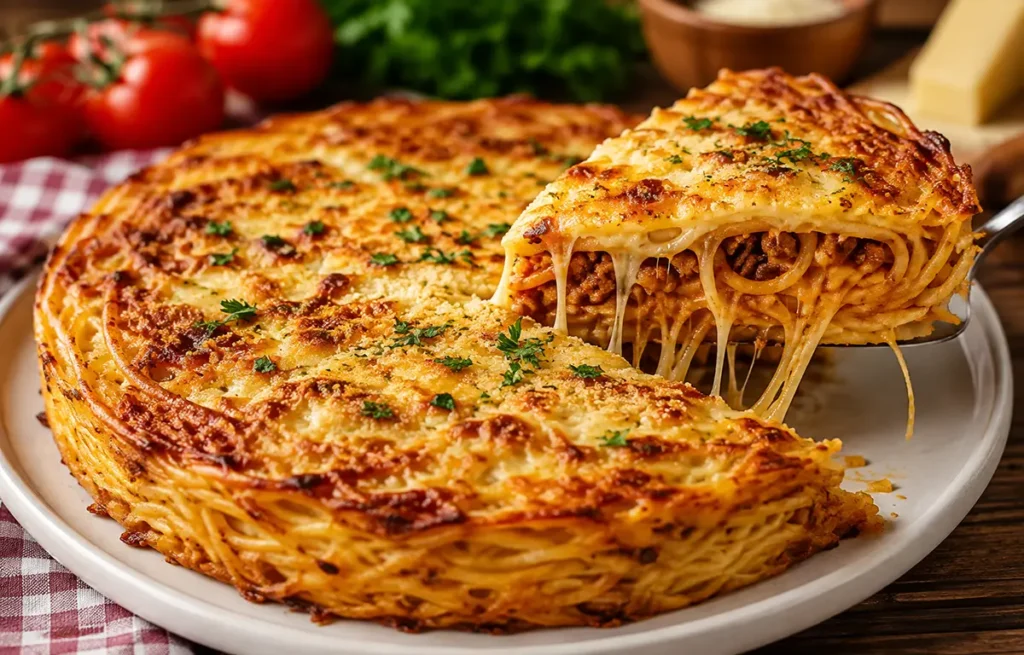 Fırınlanmış spagetti börek dilimi, erimiş kaşar peynir dolgulu.