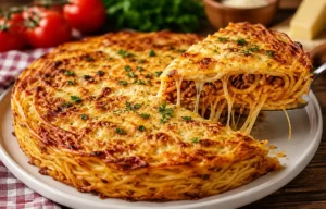 Fırınlanmış spagetti börek dilimi, erimiş kaşar peynir dolgulu.