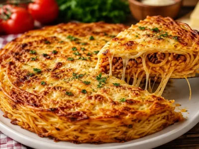 Fırınlanmış spagetti börek dilimi, erimiş kaşar peynir dolgulu.