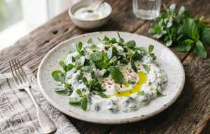 Tabakta servis edilen yoğurtlu ve sarımsaklı semizotu salatası