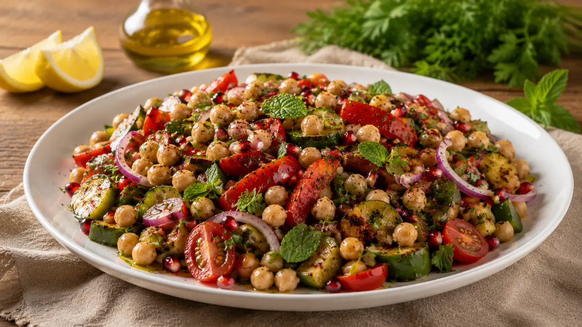 Beyaz seramik servis tabağında sunulan nohutlu köz sebze salatası, közlenmiş kapya biber, kabak, nohut, cherry domates ve maydanoz ile hazırlanmış.