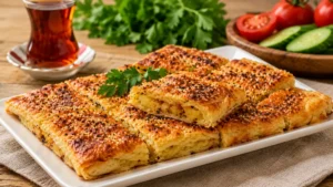 Beyaz seramik servis tabağında kare dilimler halinde sunulmuş altın renginde kızarmış patatesli tepsi böreği.