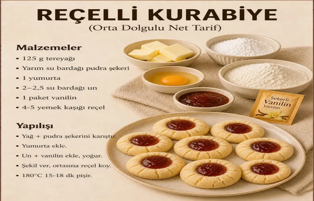 Reçelli kurabiye malzemeleri ve yapılışını gösteren net bir tarif.