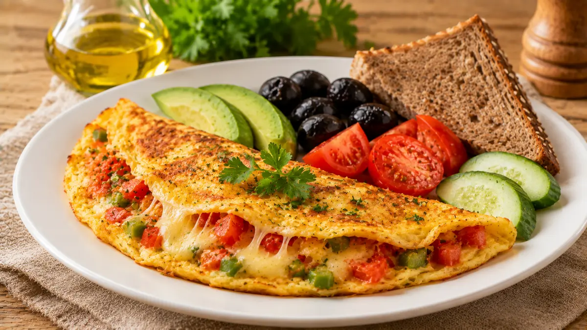 Beyaz porselen tabakta servis edilen sebzeli kaşarlı omlet, yanında avokado, domates ve zeytin ile sunulmuş.