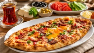 Sucuk, yumurta ve erimiş kaşar peyniriyle hazırlanmış sıcak sucuklu yumurtalı pide.