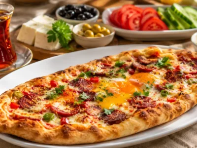 Sucuk, yumurta ve erimiş kaşar peyniriyle hazırlanmış sıcak sucuklu yumurtalı pide.