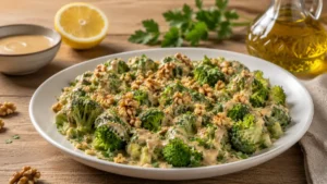 Beyaz seramik servis tabağında tahin sosuyla kaplanmış brokoli salatası, üzerinde ceviz, susam ve maydanoz ile sunulmuş.