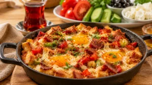 Döküm tavada pide parçaları, pastırma, yumurta, domates, biber ve erimiş kaşar peyniriyle hazırlanmış sıcak Türk kahvaltılığı.