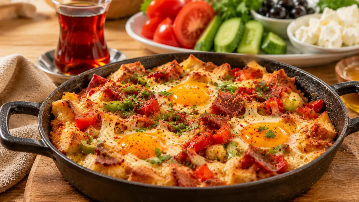 Döküm tavada pide parçaları, pastırma, yumurta, domates, biber ve erimiş kaşar peyniriyle hazırlanmış sıcak Türk kahvaltılığı.